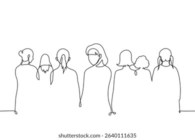 woman turned around there are women standing behind her she looks straight at camera, portrait without face - one line art vector. concept one notices among crowd. Handmade vector not AI