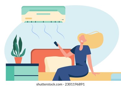 Woman turning air conditioner on in room vector illustration. Cartoon drawing of happy girl controlling temperature in bedroom, air conditioning system. Home appliances, technology, climate concept