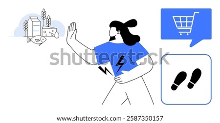 Woman turning away from unhealthy food like dairy, fish, and grains with a stop gesture, shopping cart and footsteps icons representing fitness and healthy choices. Ideal for wellness, health