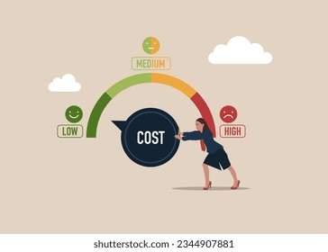 Woman turning cost dial to a low. Cost cutting and efficiency concept.  Vector illustration