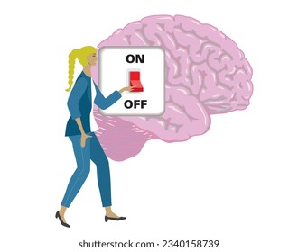 Woman turning off brain. Isolated. Vector illustration.
