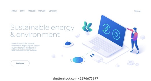 Woman turning off laptop or computer. Sustainable energy concept in isometric vector design. Ecological electricity consumption and power usage. Web banner layout template