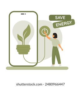 Woman turning off switch button for energy saving. Save energy concept. Phoane with lightbulb with leaves inside