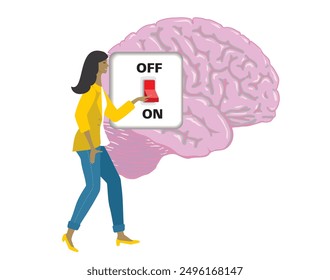 Woman turning on brain with switch. Isolated. Vector illustration.