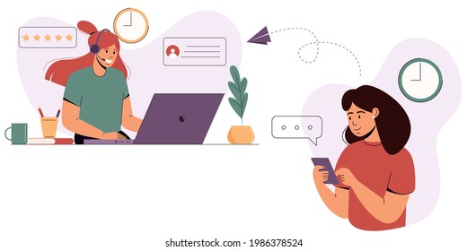 Woman turns to the support service. Customer service concept.Contact us.Online helpline, hotline operator, call center.Cartoon vector illustration on abstract background