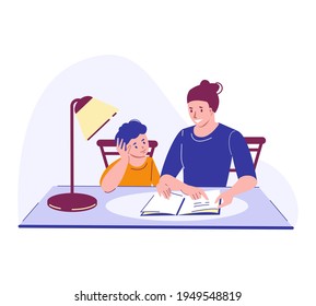 A woman tutor with a boy schoolboy studying at home. They do their homework. Vector education concept. Illustration in flat cartoon style.