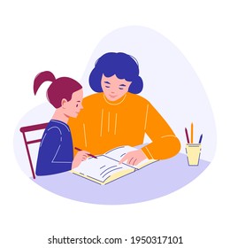 A Woman Tutor With A Schoolgirl Studying At Home. They Do Their Homework. Vector Education Concept. Illustration In Flat Cartoon Style.