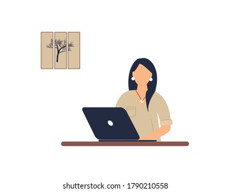 Woman tutor work on laptop. Concept of remote work, distance learning or online training during the virus epidemic.Cute lady trainer or coach conduct webinar or workshop.Vector colourful illustration