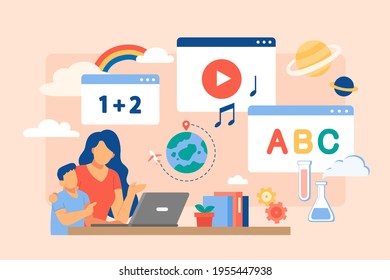 Woman tutoring boy at home using laptop. Online learning and home schooling concept in flat style illustration.