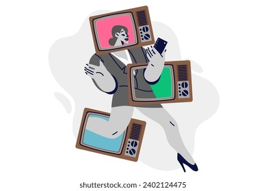 Woman TV presenter with televisions on arms and legs walks holding phone in hands. Busy girl television producer using smartphone to schedule participation in interviews and TV shows