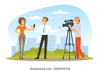 Woman TV Reporter Speaking Into Microphone Interviewing and Camera Man Recording Vector Illustration