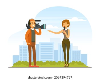 Woman TV Reporter Speaking Into Microphone and Camera Man Recording Vector Illustration