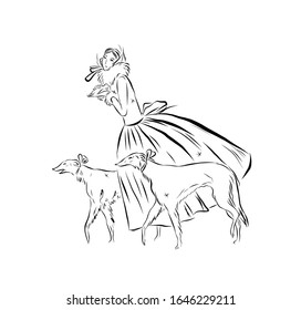 Woman with two beagles and holds a rescued bird. Lady in vintage style walks with dog. Woman dressed in ball gown and hat. Drawing for coloring. Graphic female silhouette.