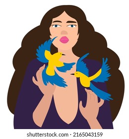 Woman and two birds. Art. Ukraine support concept. No war. Support for Ukraine. Vector illustration. Isolated.