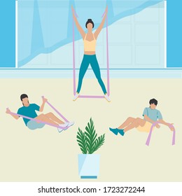 Woman and two boys are doing exercise with gymnastic ribbon - vector. Joint sports training. Parents and children. A family. Mother and sons.