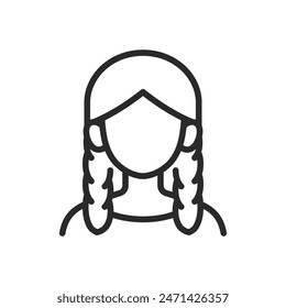 Woman with two braids, linear style icon. Hair braided into two side braids. Editable stroke width