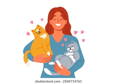 Woman with two cats in arms loves own pets found in shelter with homeless animals. Girl holding affectionate cats, enjoying opportunity to raise kittens and inviting you to visit veterinary store