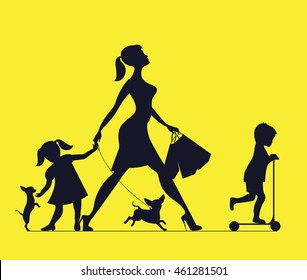 Woman with two children and dogs. Super mother doing shopping and walks with children. Vector silhouette