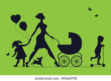 Woman with two children and dogs. Super mother walks with children. Vector silhouette