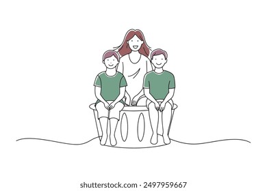 A woman and two children happily sitting inside a laundry basket Hand drawn offset fill with doodle illustration