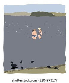 A woman and two children went into the water on the shore of the lake. A duck walks on the beach with ducklings. Vector flat illustration.