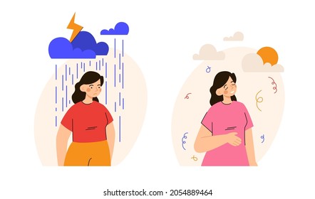 Woman in two different moods. Female character being happy and sad. PMS, hormonal disbalance, stress, mental disease concept. Modern flat vector illustration