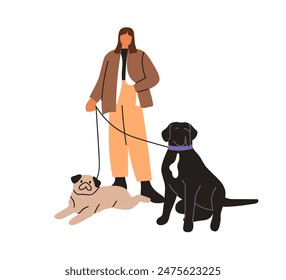 Woman with two dogs. Pet owner holding leash with cute puppies, adorable canine animals. Female character standing with doggies breeds outddors. Flat vector illustration isolated on white background