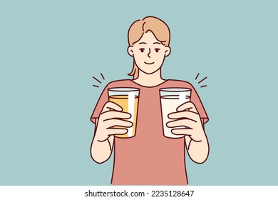 Woman with two glasses filled with cocktails wants to treat you and offers you drink. Girl stretches hands with mugs to screen, offering choice one of thirst-quenching lemonades. Flat vector design 