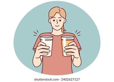 Una mujer con dos vasos llenos de cócteles quiere tratarte y te ofrece una bebida. Chica se extiende de la mano con tazas para proyectar, ofreciendo una selección de limonadas que apaciguan la sed. Diseño vectorial plano