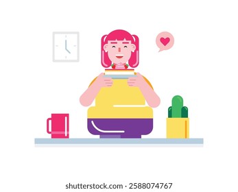 A woman with two pigtails is holding a slice cake, a sweet dessert. Design character. Vector flat illustration