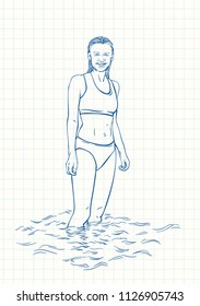 Woman in two-piece swimsuit standing in water, Blue pen sketch on square grid notebook page, Hand drawn vector linear illustration