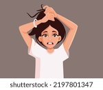 
Woman Tying her Frizzy Hair in a Ponytail Vector Illustration. Stressed girl with messy hairdo having a bad hair day
