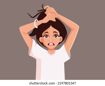 
Woman Tying her Frizzy Hair in a Ponytail Vector Illustration. Stressed girl with messy hairdo having a bad hair day
