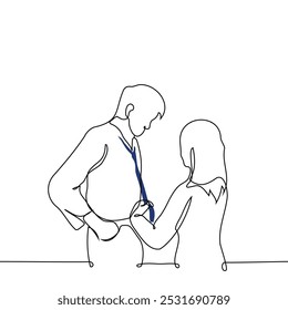 woman tying a man's tie or flirting with him seducing - one line art vector. concept woman touching a tall man's tie. Handmade vector not AI