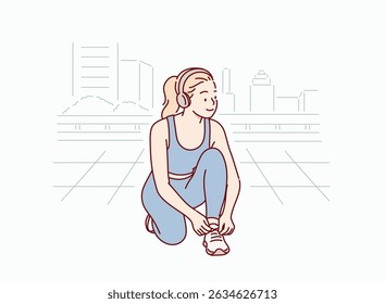 Mulher Amarrando Sapatos Antes Do Exercício. Ilustrações de design de vetor de estilo desenhado à mão.