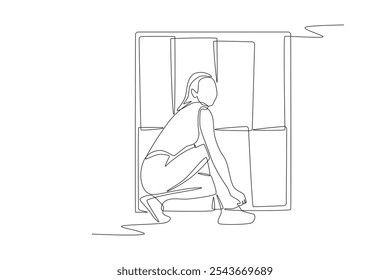 Woman tying shoes in front of gym lockers. Gym locker concept one-line drawing