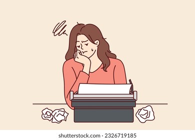 Woman with typewriter feels sad about lack of inspiration and professional burnout in career as writer. Girl writer uses vintage equipment and gets upset after making mistake in text