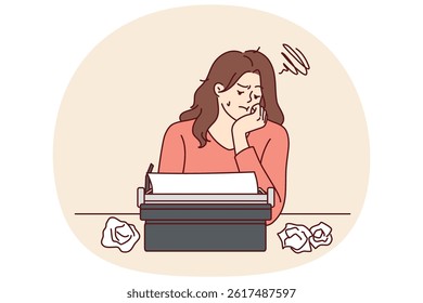 Woman with typewriter feels sad about lack of inspiration and professional burnout in career as writer. Girl writer uses vintage equipment and gets upset after making mistake in text