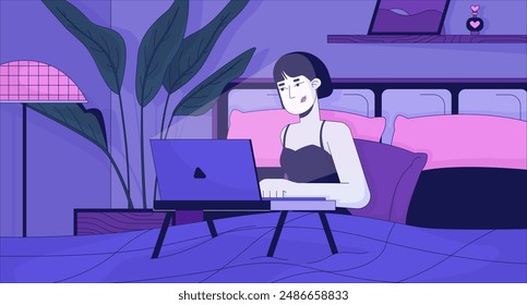 Woman typing laptop in bed at late night lofi wallpaper. Midnight freelancer bedroom 2D cartoon flat illustration. Love being at home alone chill vector art, lo fi aesthetic colorful background