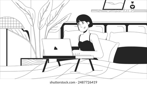 Woman typing laptop in bed at late night black and white lofi wallpaper. Midnight freelancer bedroom 2D outline cartoon flat illustration. Being at home alone vector line lo fi aesthetic background