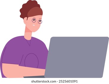 Mulher digitando no laptop. Freelancer usando tecnologia moderna isolado no fundo branco