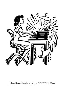 Woman Typing Madly - Retro Clipart Illustration