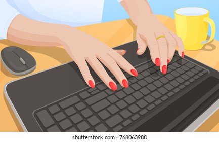 Woman Typing On Keyboard Of Personal Computer Important Data Concerning Work, Mouse And Yellow Cup On Table Beside, Isolated On Vector Illustration