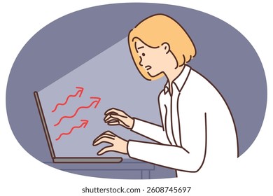 Woman is typing on keyboard, stretching hands to laptop that negatively affects health or psyche. Red arrows coming from laptop screen symbolize manipulation using Internet and social networks