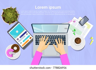 Woman Typing On Laptop Computer, Top View On Desk With Digital Tablet And Smart Phone Workplace Concept Flat Vector Illustration