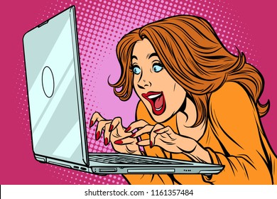 woman typing on laptop keyboard. Comic cartoon pop art retro vector illustration drawing