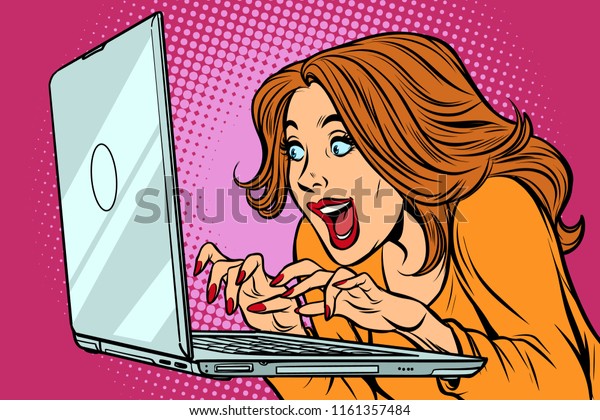 ノートパソコンのキーボードに女性が入力 レトロなベクターイラストを描いた漫画のポップアート のベクター画像素材 ロイヤリティフリー 1161357484