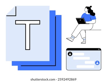 Woman typing on laptop, large document icons, and user chat interface. Ideal for telecommuting, content creation, digital communication, document sharing, online education, virtual collaboration
