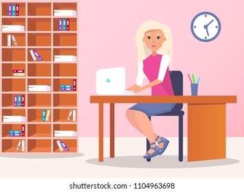 Woman typing on laptop sitting at table vector illustration female office worker sitting on table near desk with stationery accessories, shalf behind her