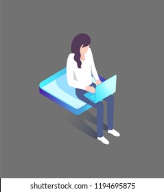 Woman typing on laptop sitting on platform 3D isometric icon. Young girl working on notebook, vector illustration of freelancer isolated cartoon character